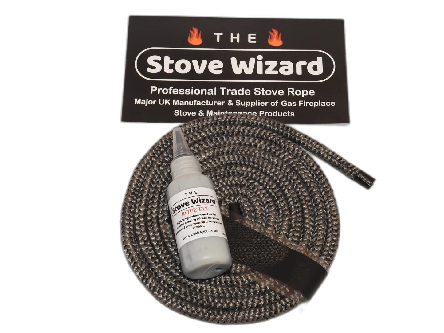 The Stove Wizard Black Stove Rope Kit 14mm x 2.5m Long with Large 50ml Super Seal Adhesive Flues Glass Door Seals Wood Log Burner Multi Stove