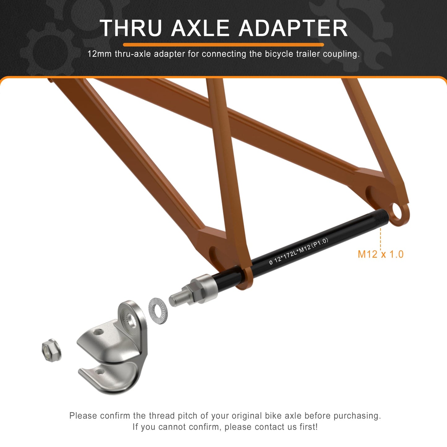 NICEDACK Thru Axle Adapter, M12 x 1.0-160-172mm for Bike Trailer Hitch, 12mm Thru Axle with 1.0 Thread Pitch, Thru-Axle Adapter with a Length