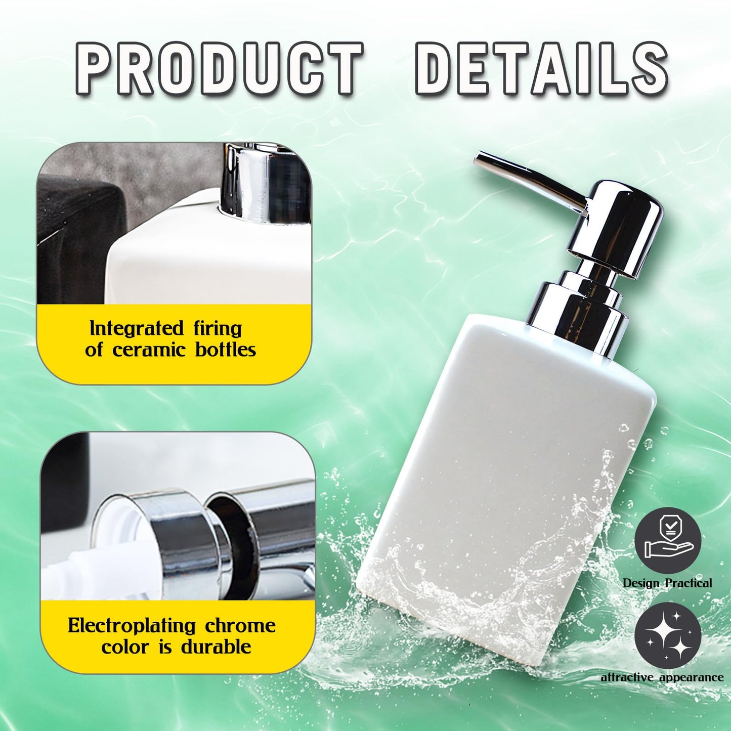 2PSC White Ceramic Soap Dispenser - 320ml/11oz Square Design with Long Spout & Rustproof Pump, Refillable for Shampoo/Liquid Soap