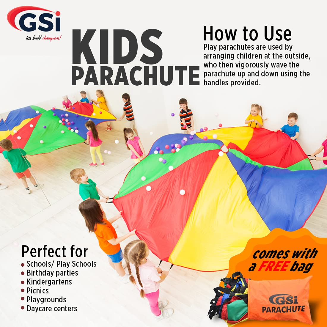 GSi Kids Play Parachute Rainbow Parachute Toy Tent Game for Children Gymnastic Cooperative Play and Outdoor Playground Activities (24 Feet)