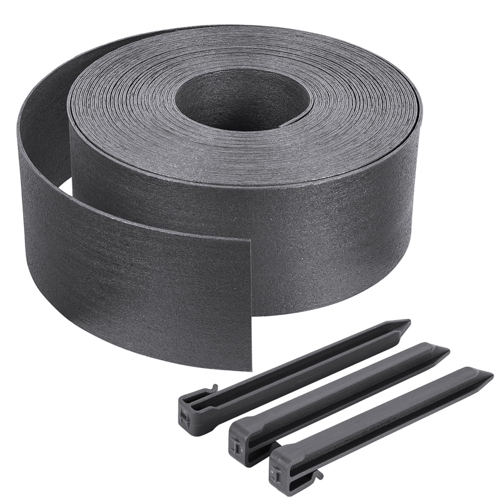 VOUNOT PE Garden Edging 20 Metres with 12 Anchor Pegs Flexible Lawn Edging Natural Look Height 13 cm Thickness 4 mm Grey