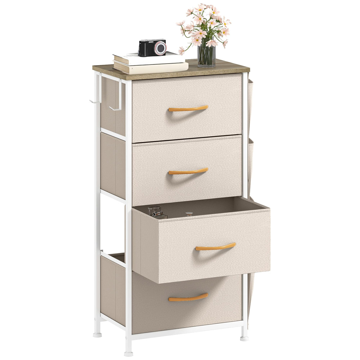 DWVO Narrow Chest of Drawers with 4 Drawers, Fabric Chest Drawers with Side Pocket&Hooks,Easy Pull Handle,Sturdy Steel Frame for Bedroom,Living