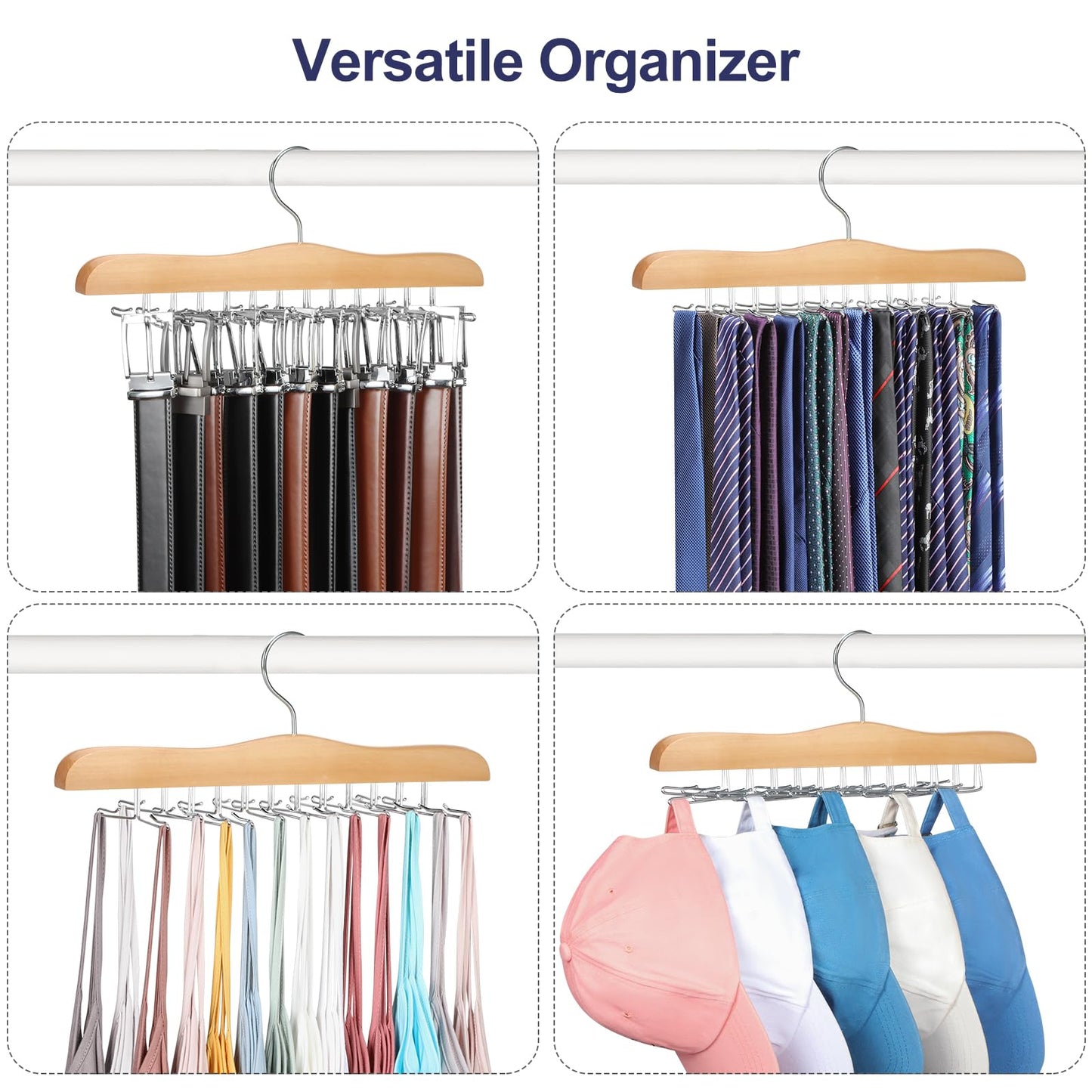 TOPIA HANGER Tie Rack Hanger for Closet, Wooden Tie Organizer for Men with 24 Folding Hooks, Space Saving Necktie Holder for Storage and Display Bra