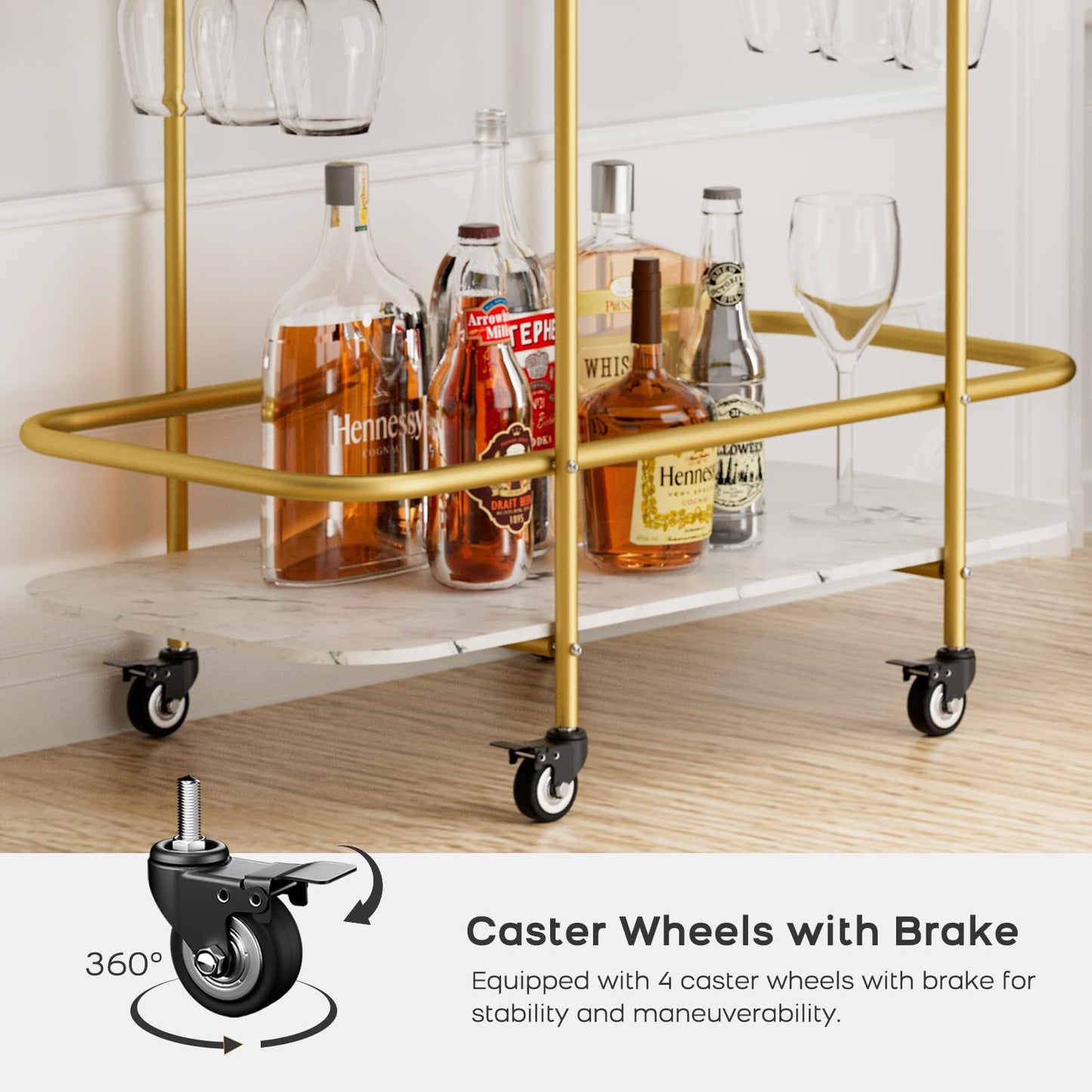 DAWNYIELD 2 Tier Mobile Bar Serving Cart, Drinks Trolley on Wheels, Gold