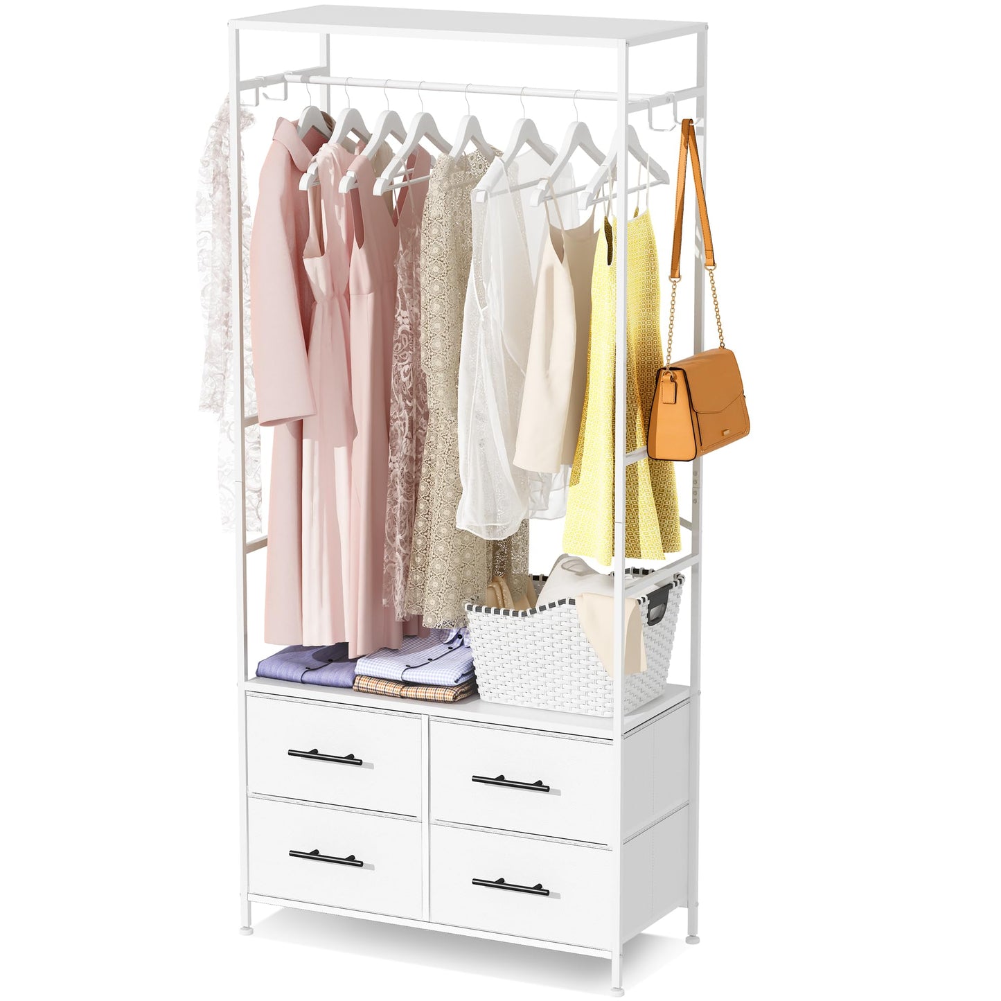 MYGIIVOVO Open Wardrobe, Clothes Rail with Drawers for Bedroom, with 4 White Fabric Drawers, 4 Side Hooks and Metal Frame 30D x 80W x 172H cm