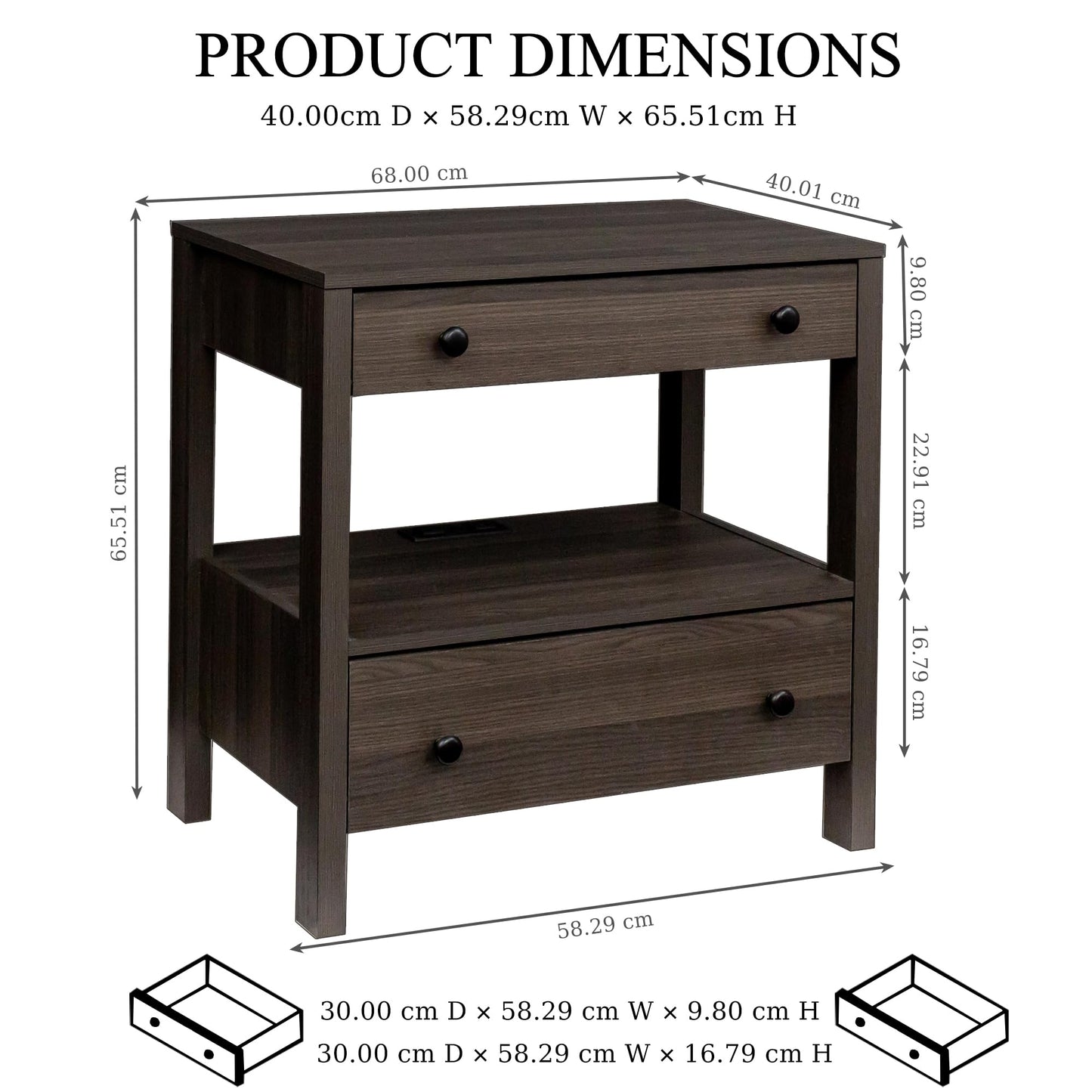 MINCETA Nightstand with Charging Station, Wood Storage End Table with 2 Drawers & Open Shelf