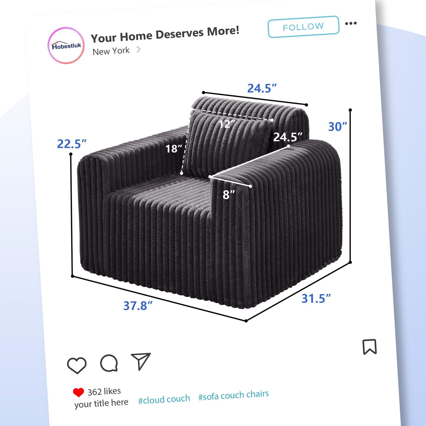 Hobestluk Single Foam Sofa with Pillows Comfy Furry Couch for Small Spaces