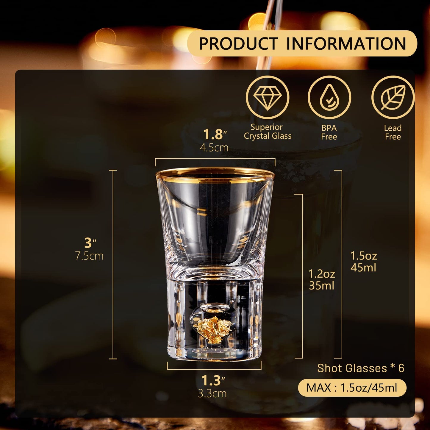 DUJUST Shot Glasses (45ml), Crystal Shot Glass Set Decorated with 24K Gold Leaf Flakes, Cool & Cute Shot Cups, BPA-Free & Lead-Free, Perfect for Dcor