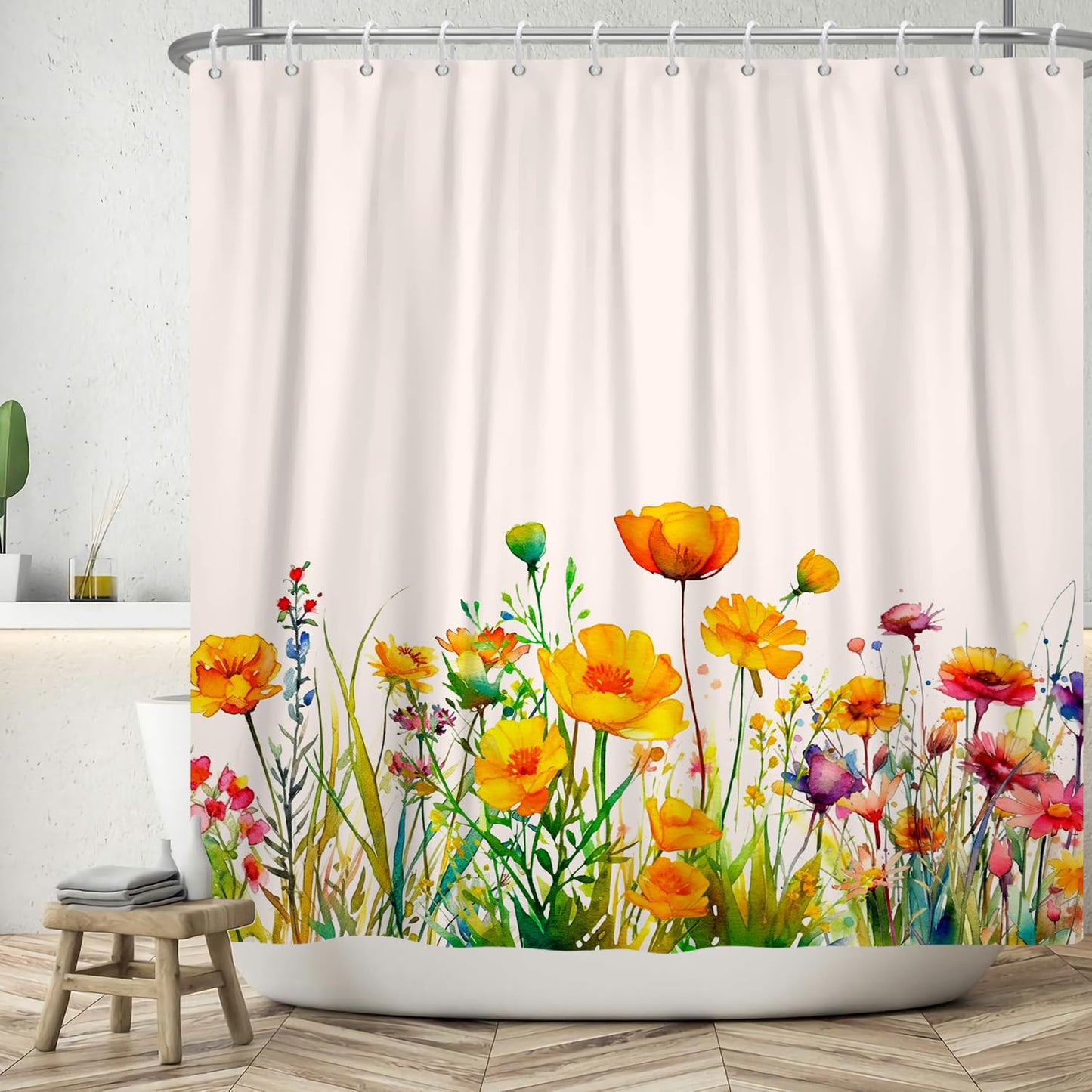 ASDCXZ Flower Shower Curtain 180x180 cm, Spring Yellow Purple Red Colorful Flowers Green Leaves White Washable Shower Curtains Polyester Textile