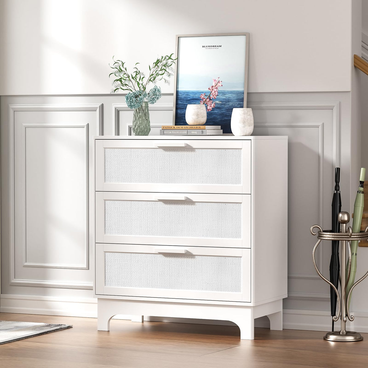 Skokliz White Chest of Drawers for Bedroom, Rattan 3 Drawer Storage Organiser Unit with Spacious Storage Cabinet, Nursery Furniture, Living Room