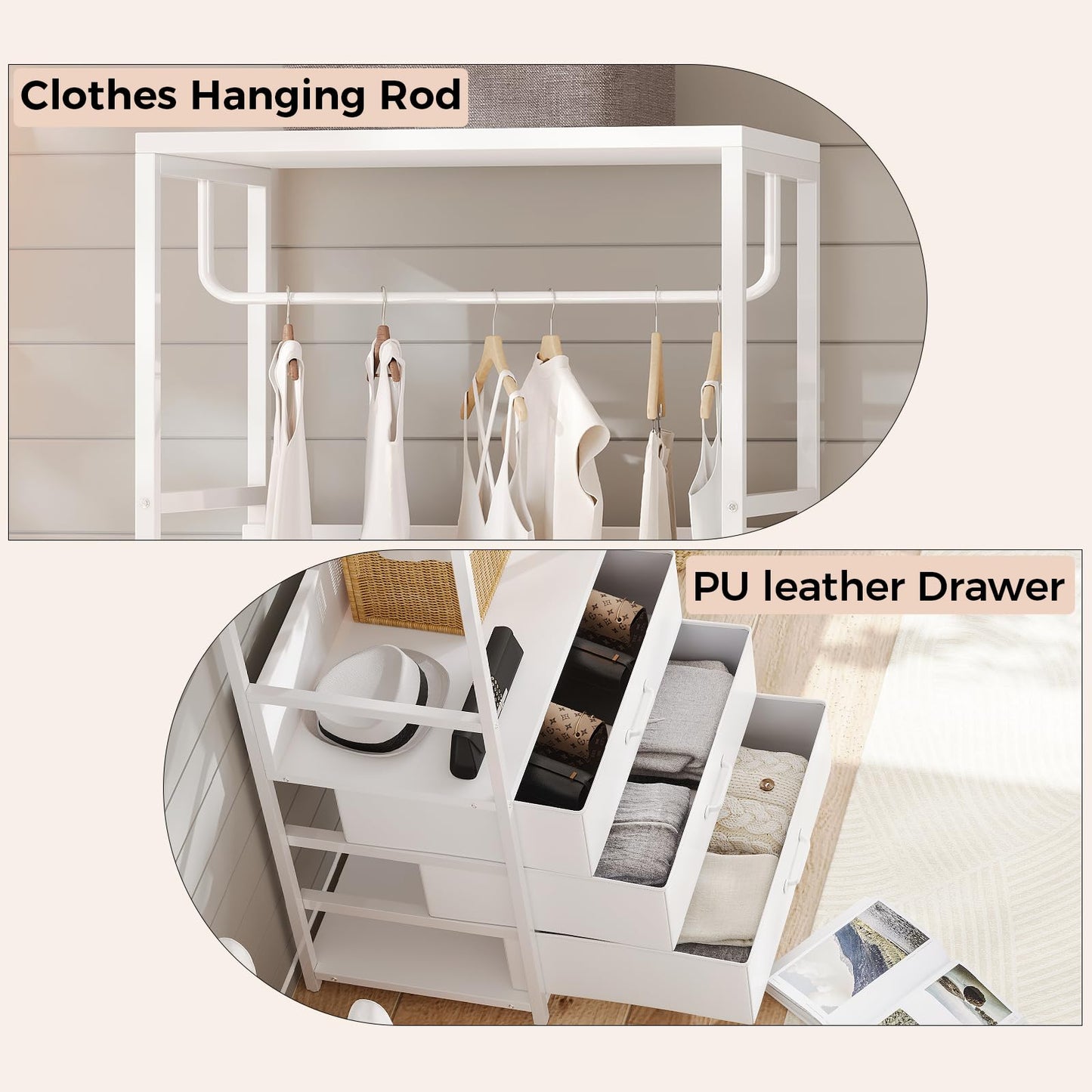 VOWNER Hall Tree Entryway Coat Rack 3-Drawer Bench White Hanging Rod