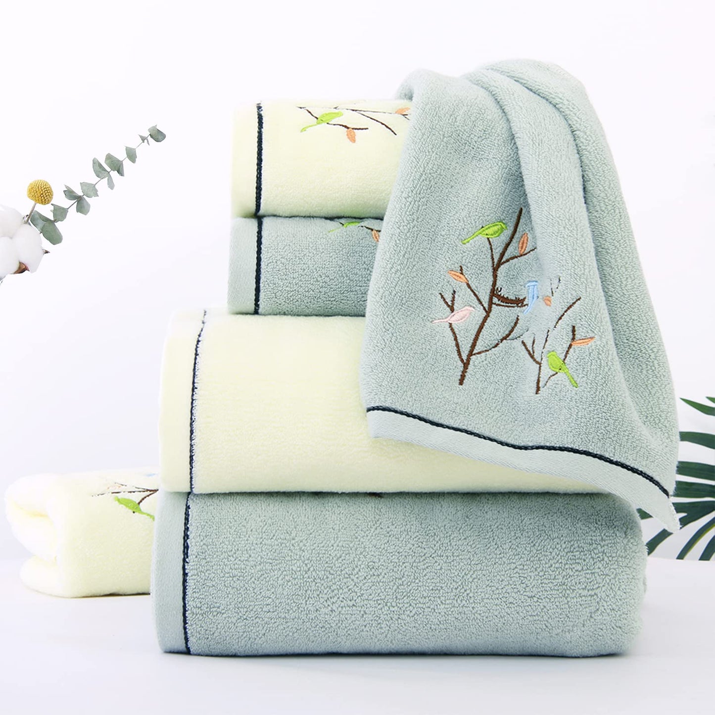 Pidada Hand Towels Set of 2 Embroidered Bird Tree Pattern 100% Cotton Absorbent Soft Decorative Towel for Bathroom 35 x 75 cm (Aqua Green)