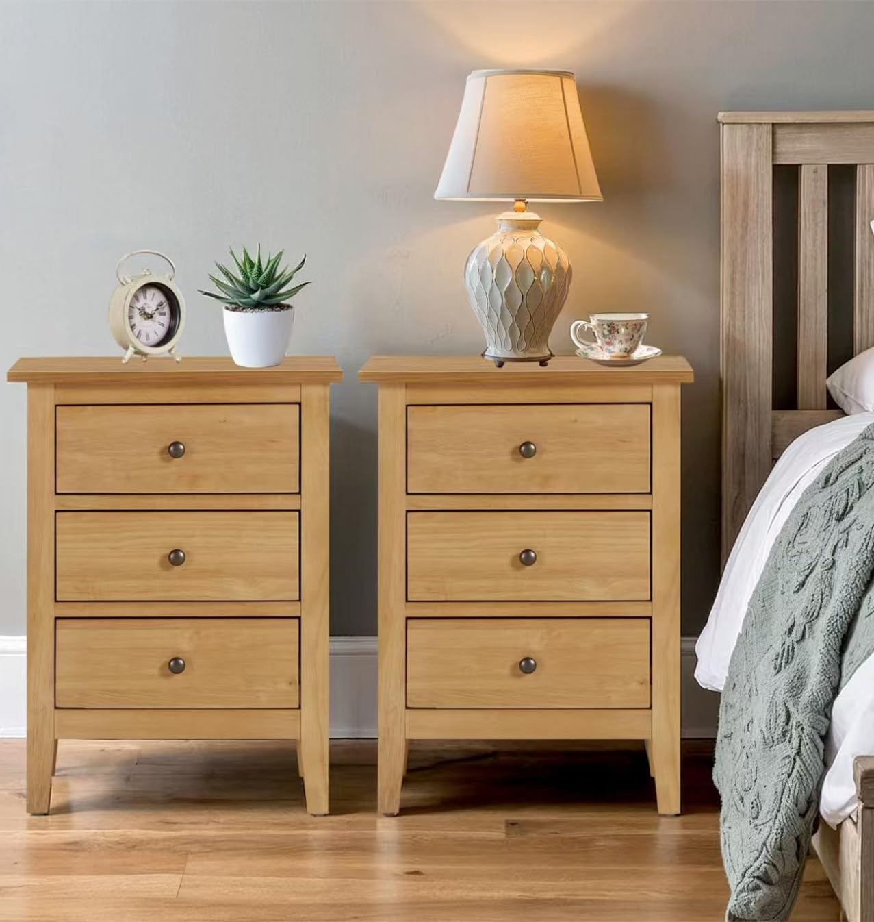 Hallowood Furniture Aston Bedside Table with 3 Drawers, Set of 2 Bedside Cabinet, Wooden Small Chest of Drawers for Bathrooms, Hallways, Dining Rooms