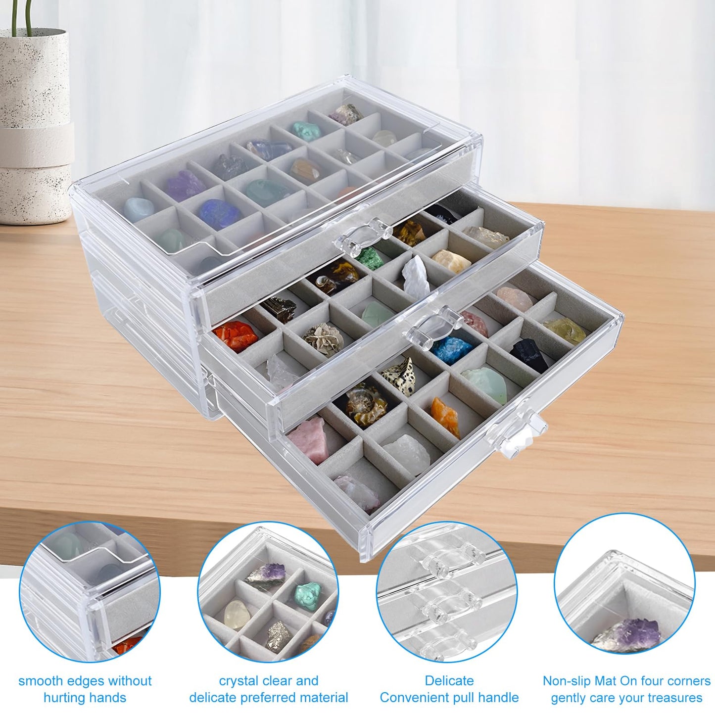 Rock Display Case With 3 Drawers - 54 Grids Collection Box for Clear Crystals, Gemstones, and Kids' Rocks