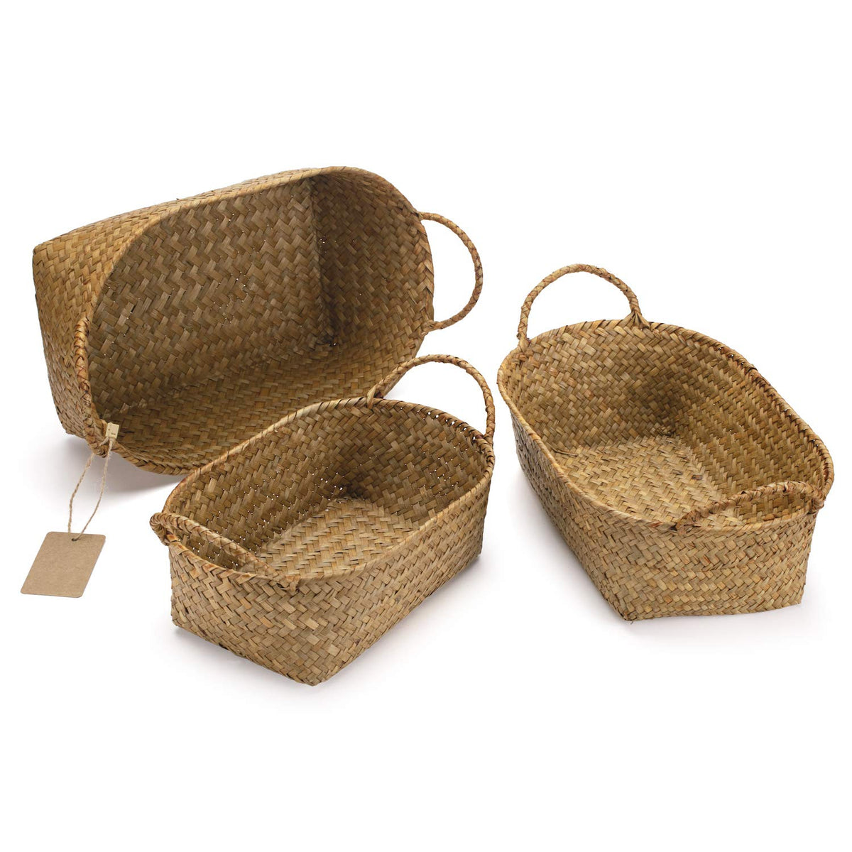 Seagrass Storage Basket with Handle Stackable Natural Woven Organization Shelf Baskets Oval Set of 3 (Large+Medium+Small)