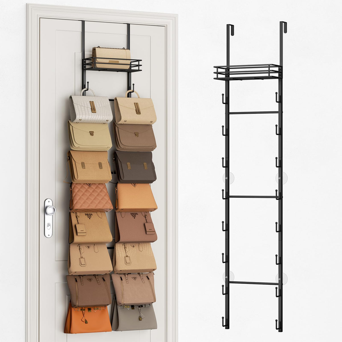 SWTYMIKI Over Door Handbag Organiser - 16 Hooks & Metal Basket Hanging Storage, Over Door Storage Handbag Storage & Bag Hanger,Bag Stand Holds 16