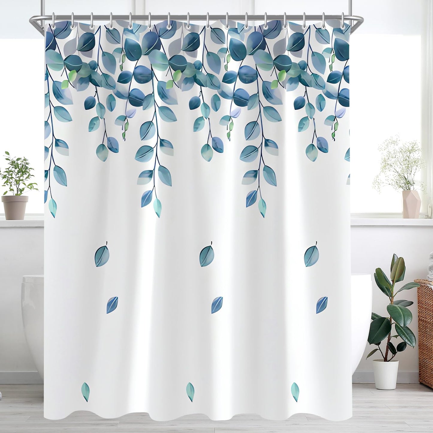 Lerores Shower Curtain 118x79 inch,Green Leaves Plant Mould and Mildew Resistant,Waterproof,Washable Polyester Fabric Bath Curtains with Weight