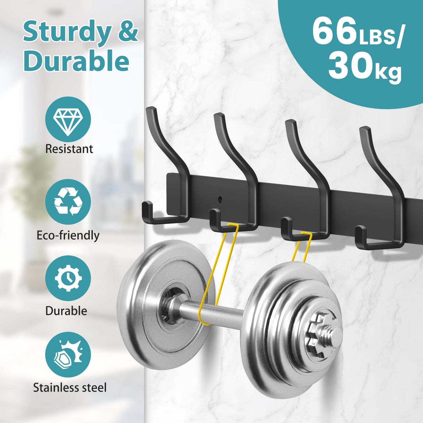 MEIJO Coat Hooks Wall Mounted Stainless Steel, Black Coat Rack Wall Mounted with 4 Hooks Heavy Duty Coat Hooks for Door, Bathroom, Bedroom, Kitchen