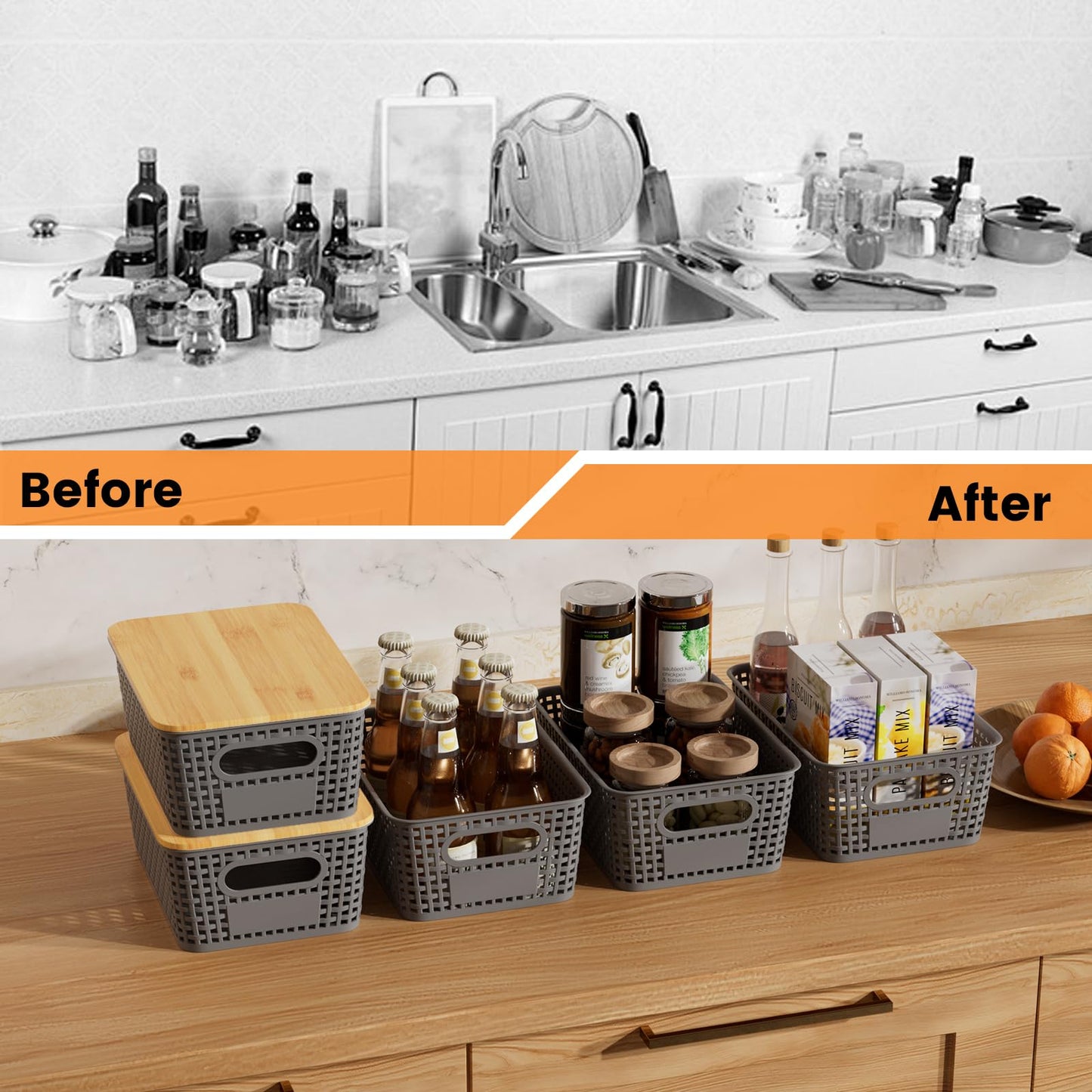 Shrivee Set of 3 Storage Boxes with Bamboo Lid, 5 L Storage Basket, Plastic Basket Storage, Kitchen Storage Boxes for Shelves, Cupboards
