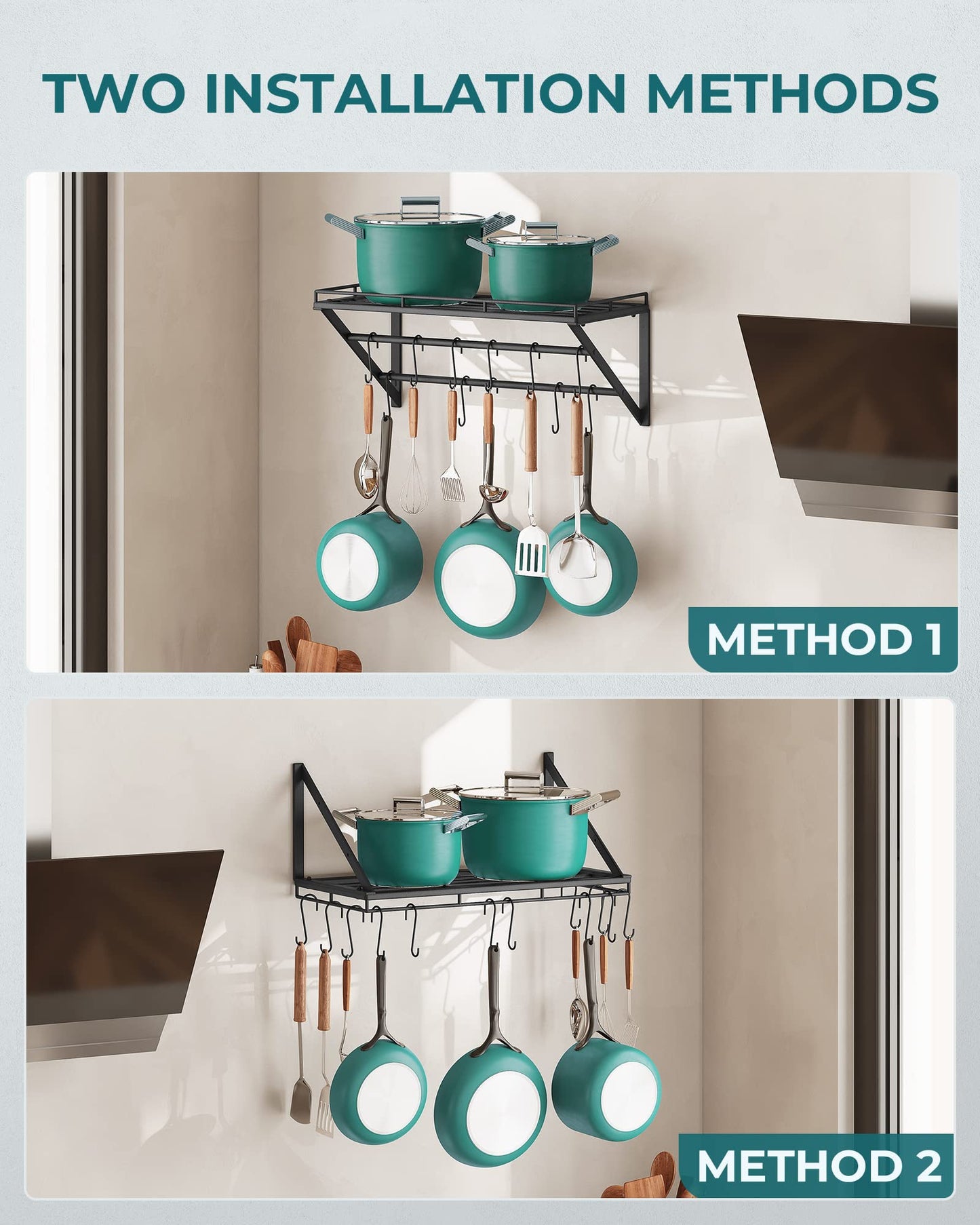 OROPY Wall Mount Pot Pan Racks, Saucepan Hanging Rack, Kitchen Utensils Hanging Shelf with 2 Rails, 12 Hooks, 60cm