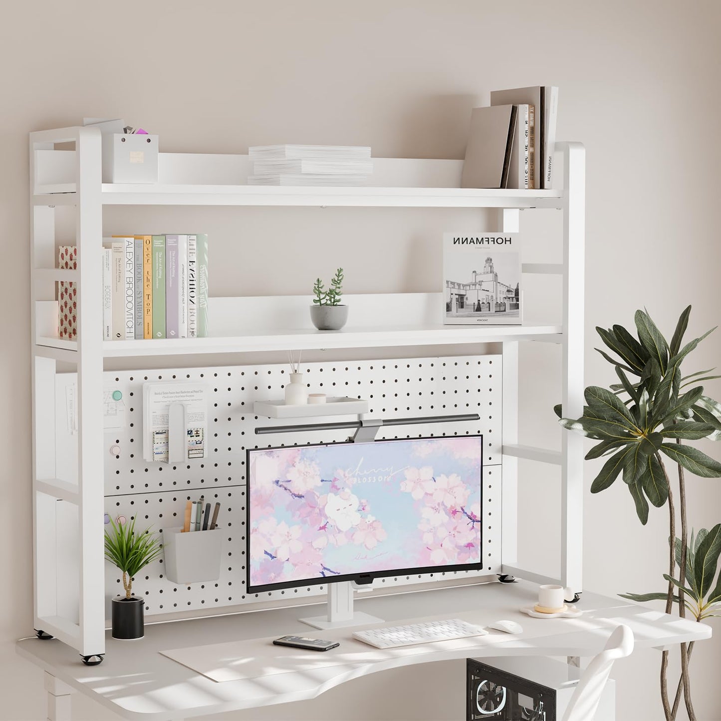 Boltmol 2-Tier Desk Shelf With Concealed Screws Design,White 110CM, Desktop Organizer With Pegboard, Countertop Storage Bookcase For Home