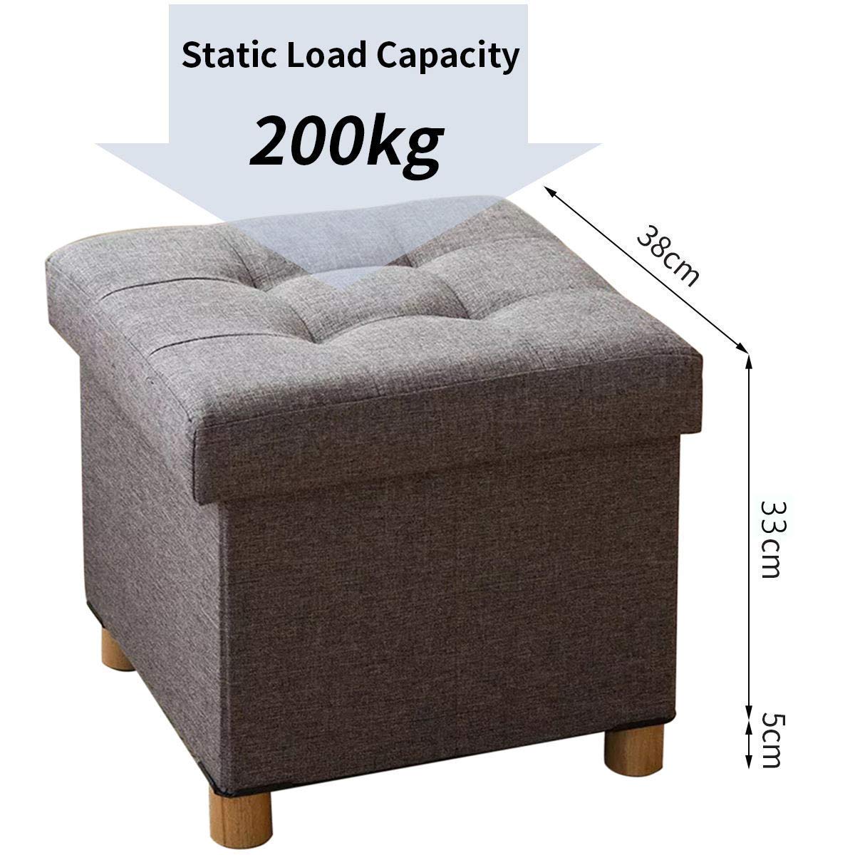 BRIAN & DANY Folding Ottoman Storage Box with Wood Legs, Linen Foot Stool, Footstool with Storage, Highly Elastic Sponge Filling, Gray, 38 x 38 x 38