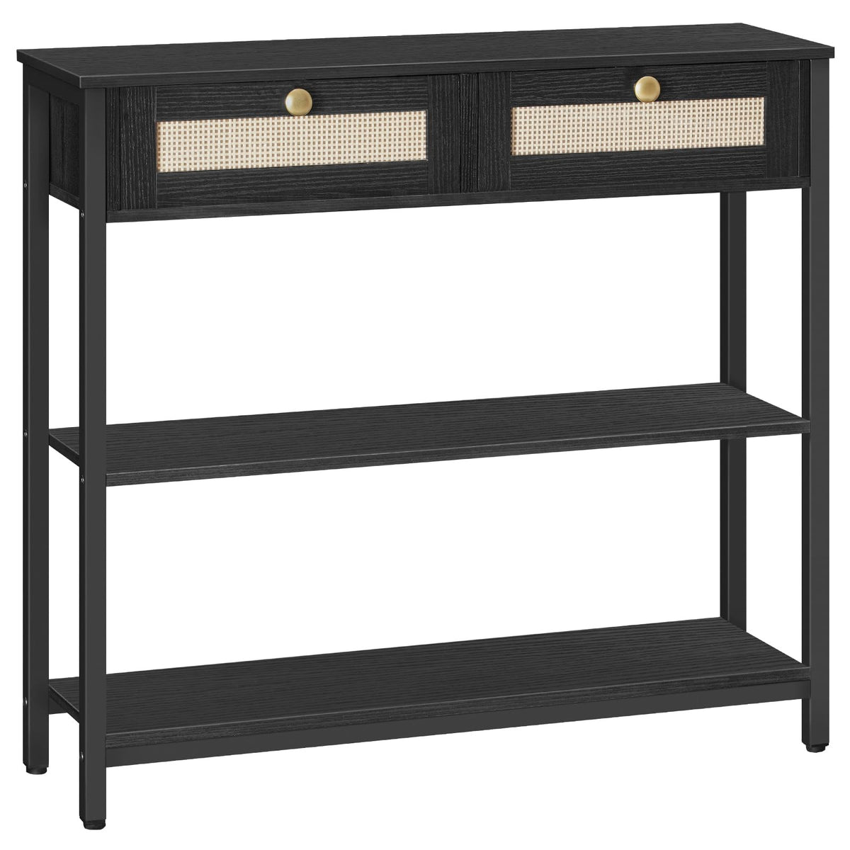 HOOBRO Rattan-Like Black Console Table, 3-Tier Hallway Table with 2 Flip-Down Drawers and Storage Shelves, 80 cm, Open and Hidden Storage Space