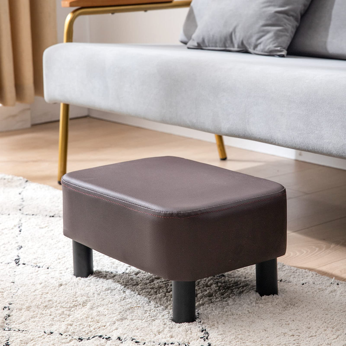 YMYNY 42CM Footstool, Small Foot Stool with Stable Wooden Legs, Modern PU Leather Footrest, Change Shoes Stool for Living Room
