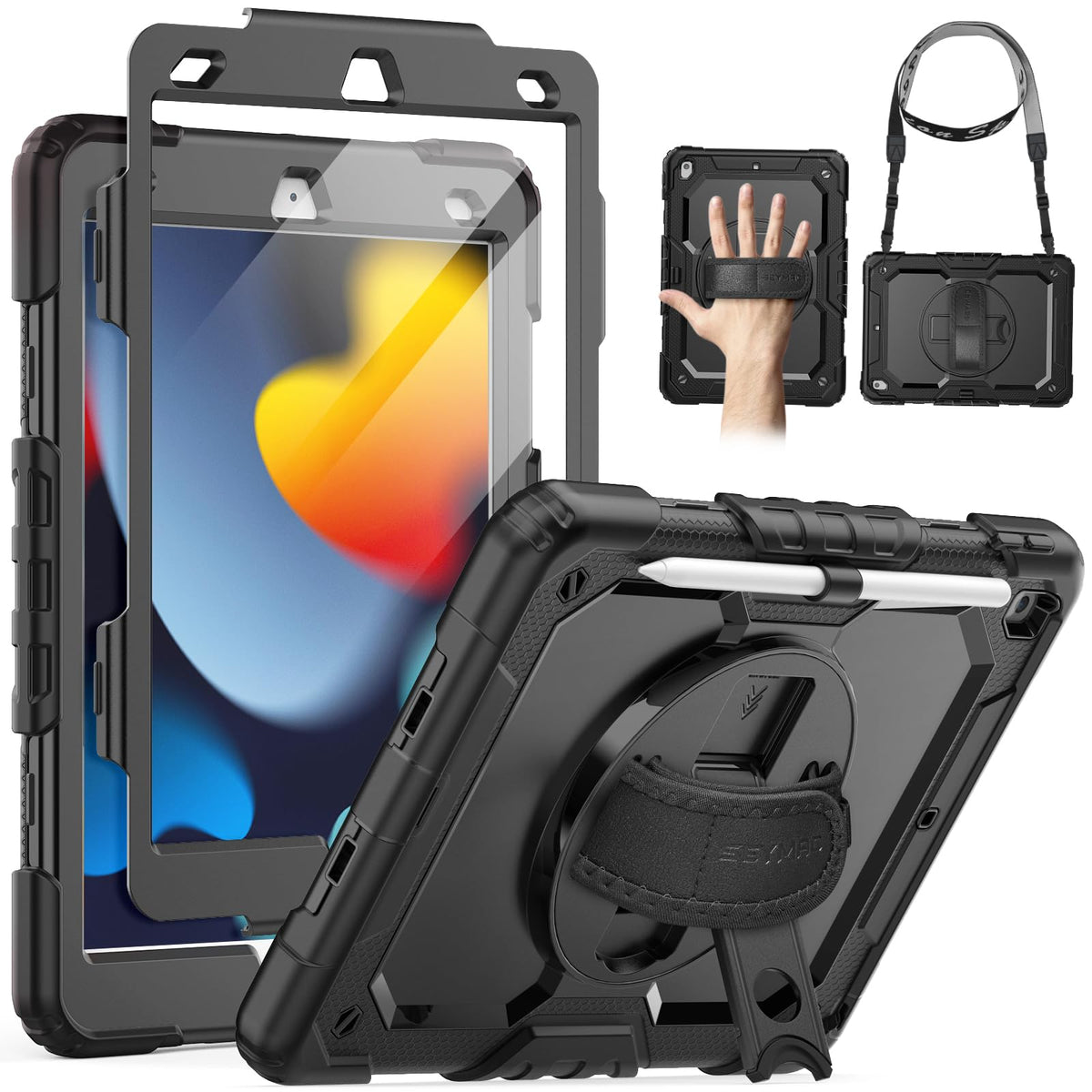 SEYMAC Case for iPad 9th/8th/7th Generation 2021/2020/2019 10.2 inch, Shockproof Case with Screen Protector, 360 Degree Rotating Stand/Hand Strap, Pen