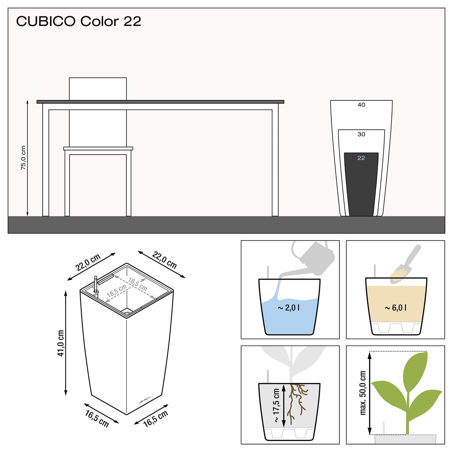Lechuza CUBICO Color 22 Self Watering Planter Garden Plastic Indoor and Outdoor Flower Plant Pot with Drainage Hole H41 L22 W22 cm Sand Brown