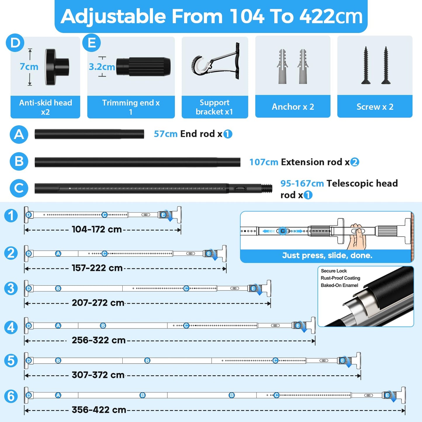 AIZESI Black Curtain Pole 207-422cm 1PCS,No Drill Room Divider Tension Rod