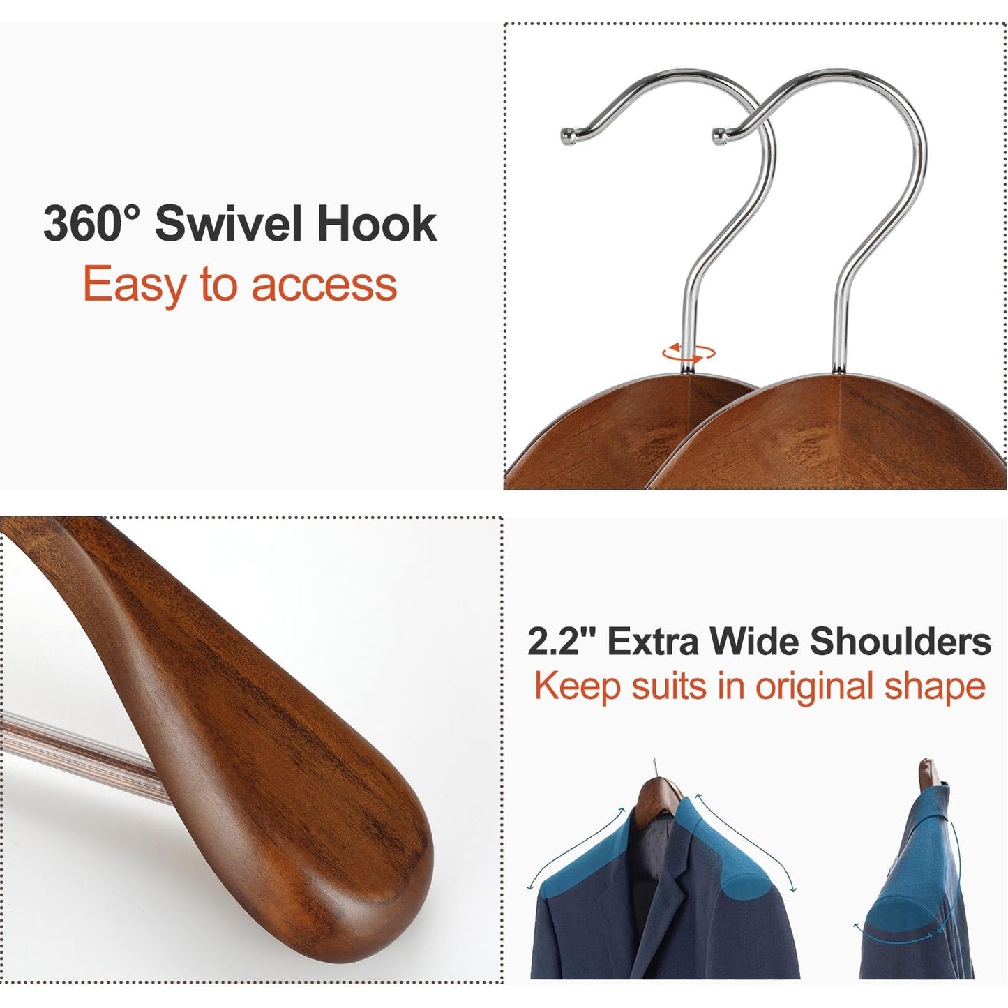 TOPIA HANGER Wide Shoulder Wooden Hangers, Suit Hangers with Non Slip Pants Bar & 360° Swivel Hook, Solid Wood Heavy Duty Coat Hanger, 6 Pack