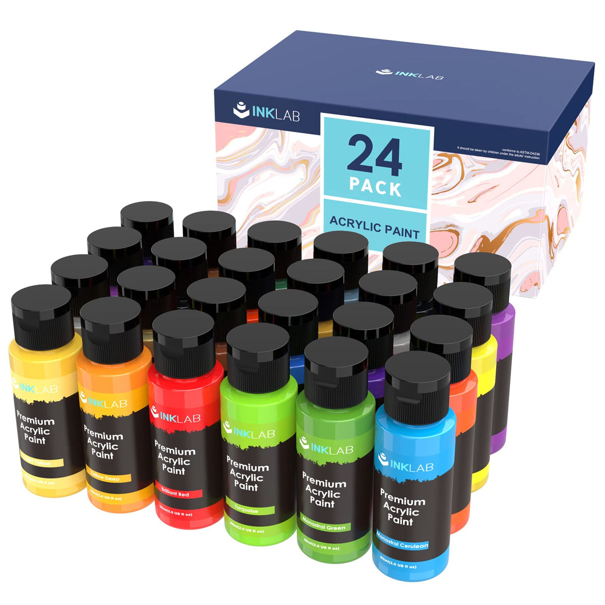 INK LAB Acrylic Paint Set 24 Vibrant Colour Non Toxics Acrylic Craft Paints Rich Pigment for Kids Adults Artists Beginners Canvas Ceramic Crafts