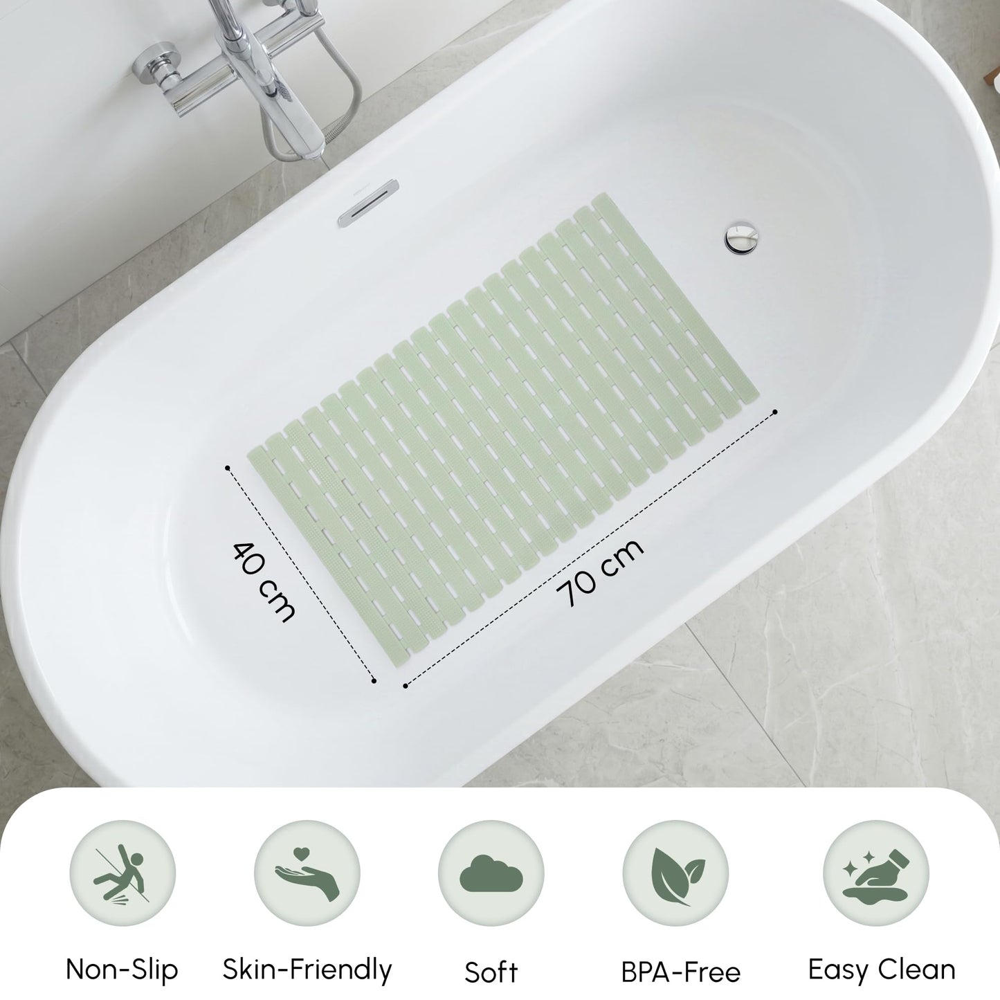 WELTRXE Bath Mat Non Slip Anti Mould, 70 x 40cm Anti Slip Bath Mat for Tub, Super Soft Bathtub Mat