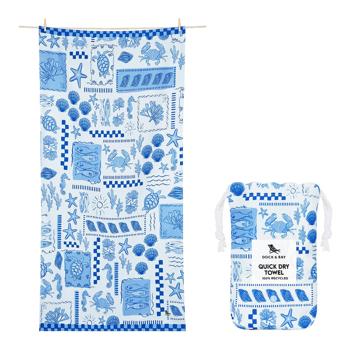 Dock & Bay Beach Towel - Quick Dry, Sand Free - Compact, Lightweight - 100% Recycled - Includes Bag - Grecian Shores - Large (160x90cm, 63x35)