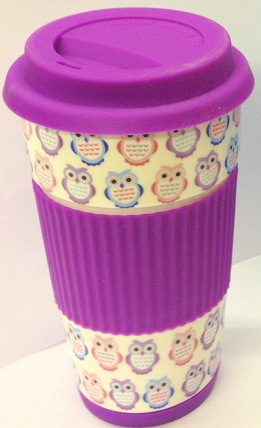 Owl Take Away Thermal Insulated Ceramic Eco Cup Travel Mug Silicon Lid & Grip (Purple)