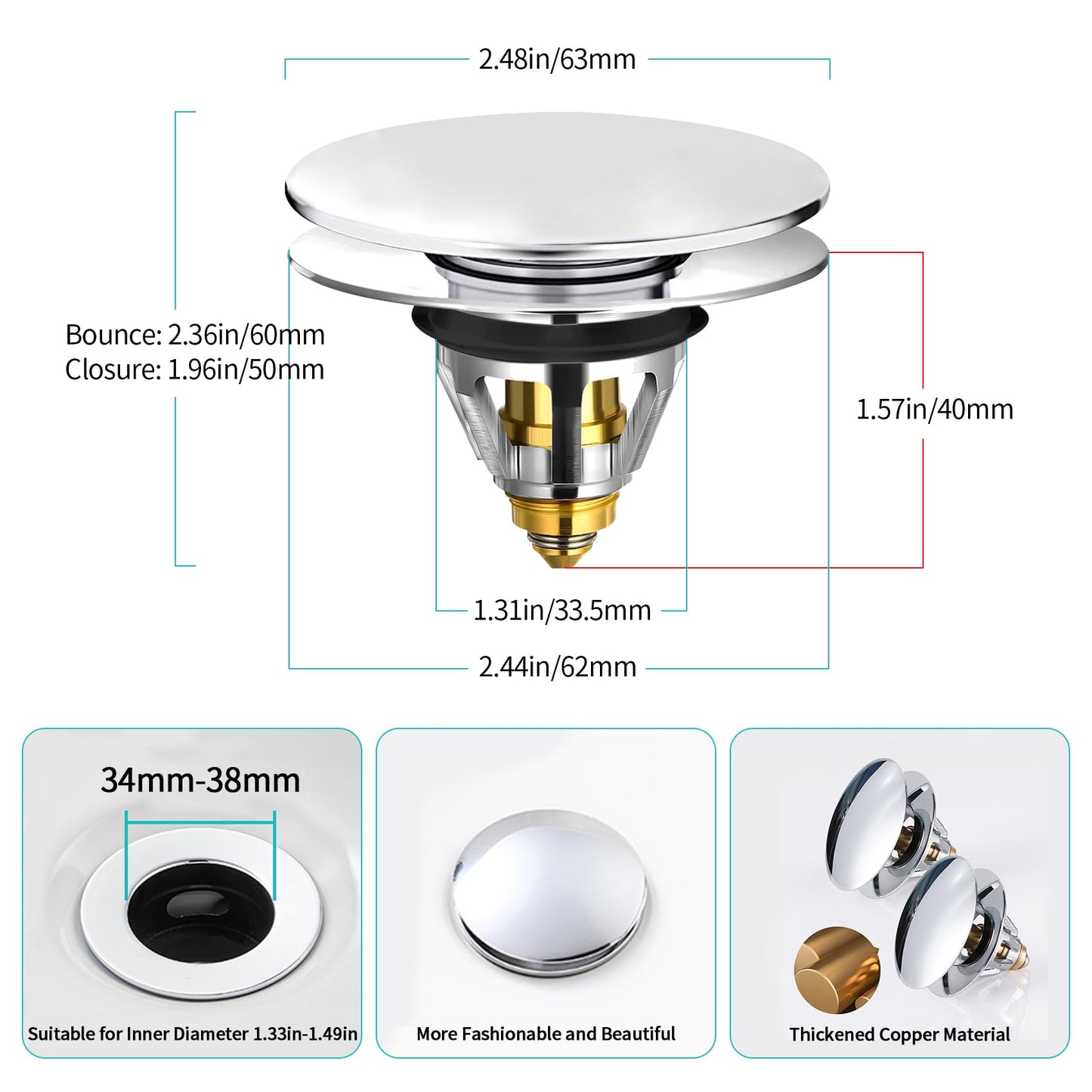 Sink Plug Replacement, Brass Universal Bathroom Pop Up Drain Stopper