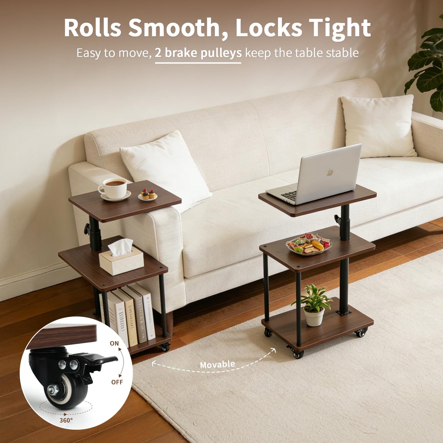 Bingyouth Side Table with Wheels, Adjustable Sofa Table with 360° Swivel Top, 3 Tier Small End Table for Living Room and Bedroom