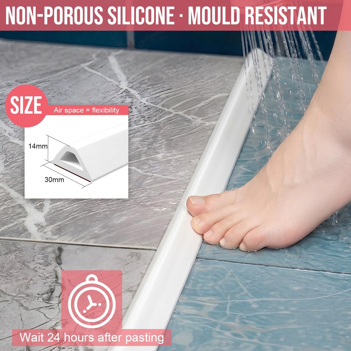 Nayotaa Wet Room Floor Barrier Flexible Water Barrier 250cm (White) - Leakproof Shower and Sink Seal