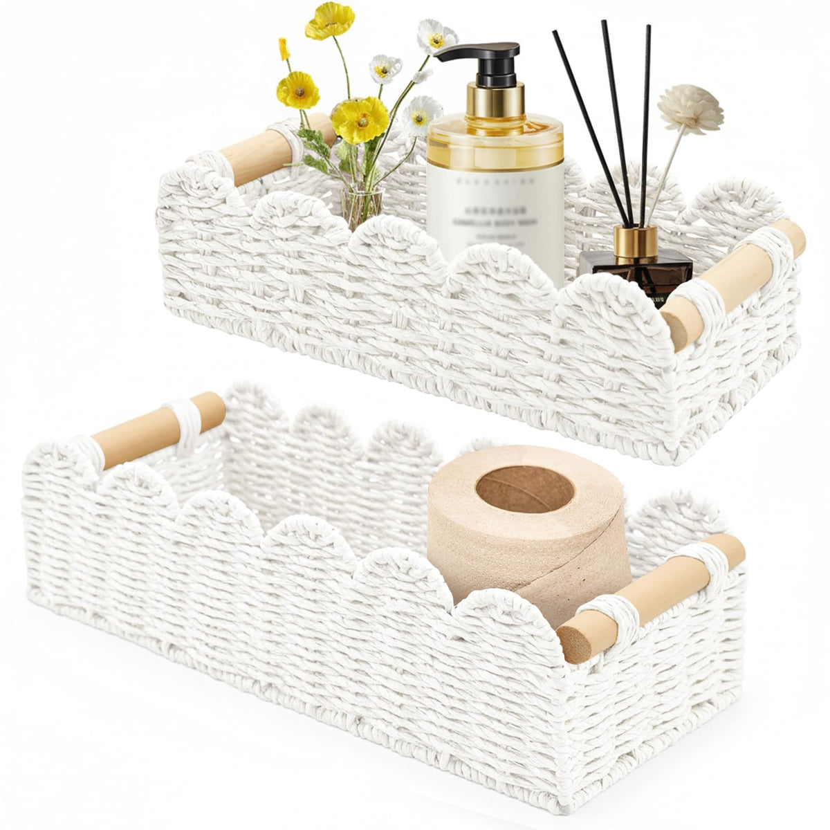 Yiomxhi 2 Pcs Wicker Storage Baskets, Woven Organizer Bins with Wooden Handles, Rope Scalloped Edge Toilet Paper Baskets for Bathroom, Shelf, Kitchen
