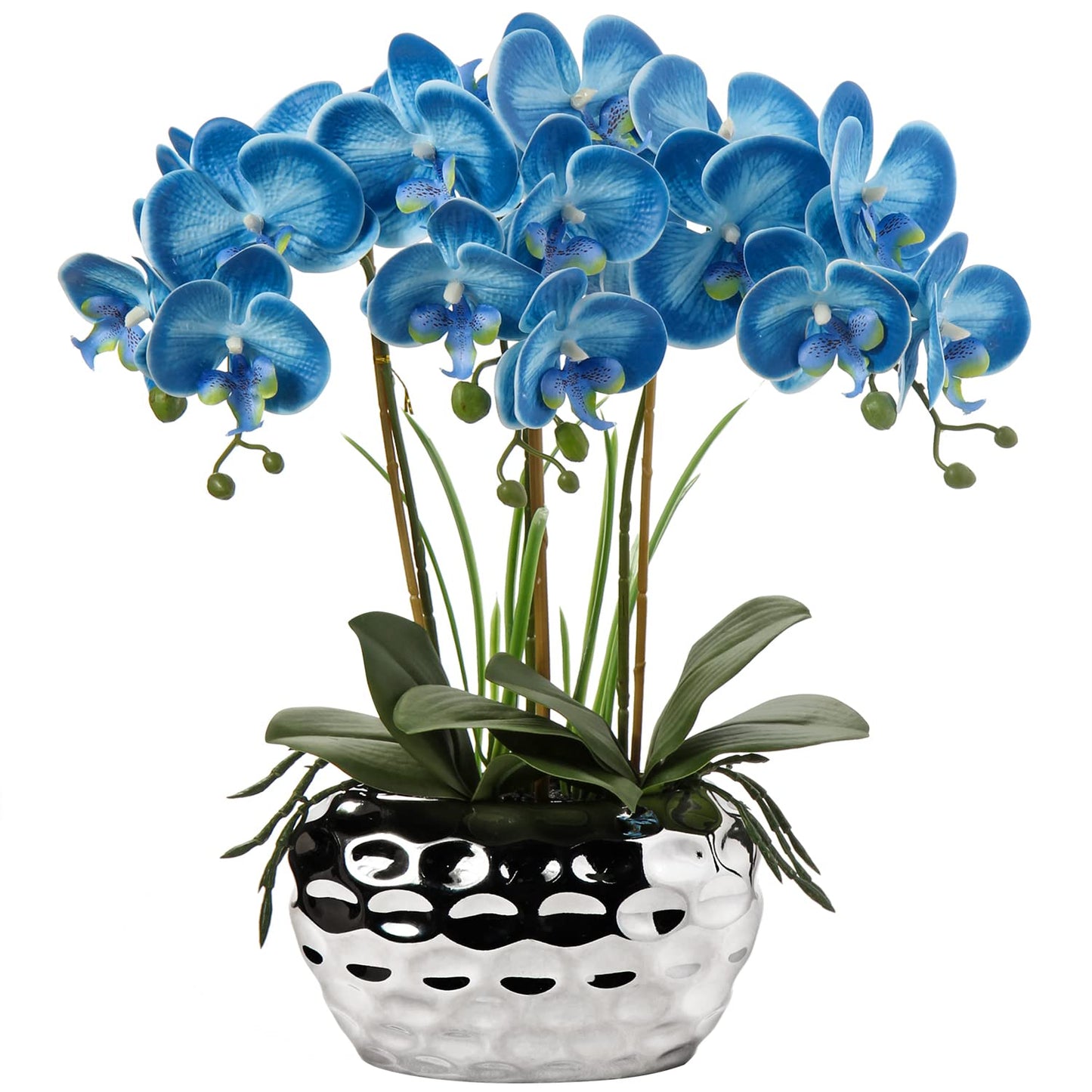 Briful 17" Artificial Orchid Phalaenopsis Flowers Decorative Orchid Bonsai Fake Flowers Silk Orchid Flower with Silver Ceramic Pot for Table