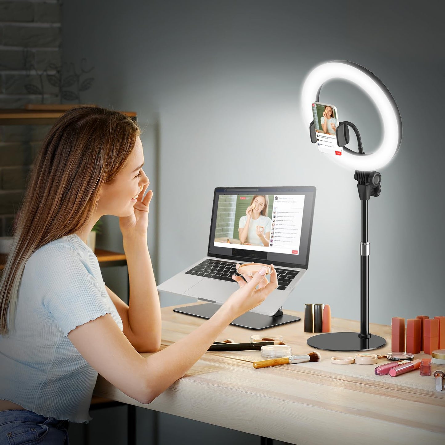 Upgrade 10.5" Ring Light with Tripod Stand & Phone Holder Desk, Evershop Ringlight Laptop Video Conference Calls Streaming Circle Halo Light CRI>95