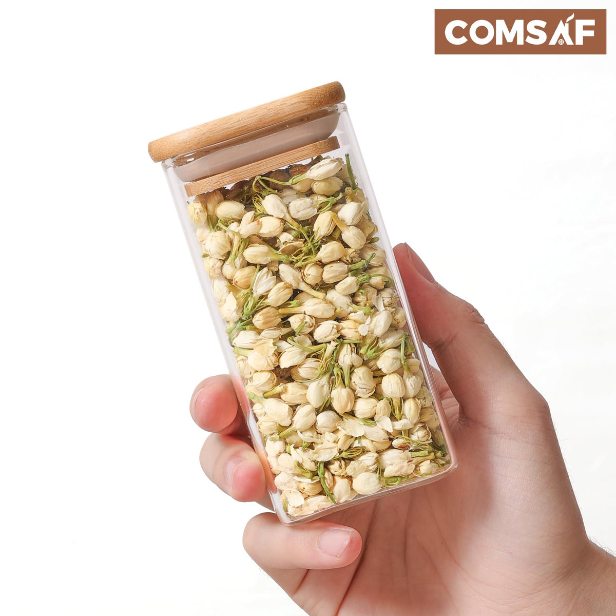 ComSaf 12Pcs Glass Spice Jars with Bamboo Lid, 10oz Airtight Square Containers with 275 Black Lables, Empty Seasoning Jars for Spice Salt Sugar