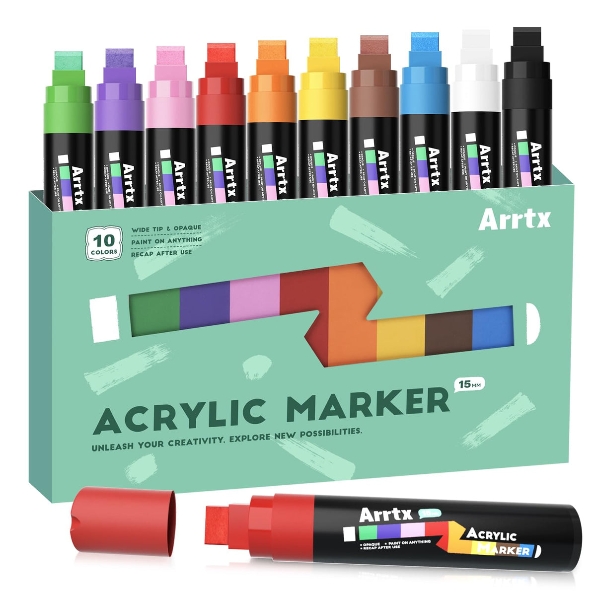 Arrtx Acrylic Jumbo Markers 15mm Jumbo Felt Tip, 10 Acrylic Paint Pens for Rock Painting, Stone, Glass, Easter Egg, Wood and Fabric Painting-Acrylic