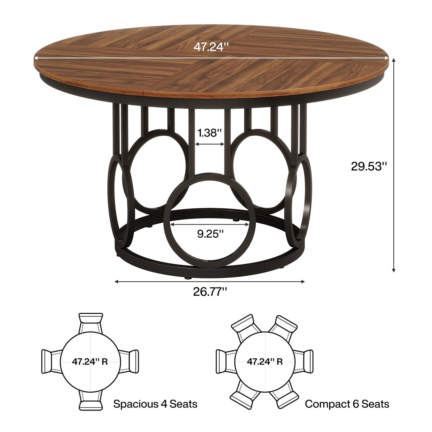Tribesigns 47-Inch Round Dining Table, Wood Kitchen Table with Sturdy Metal Base for 4-6 People, Large Circle Dinner Table for Dining Room, Kitchen