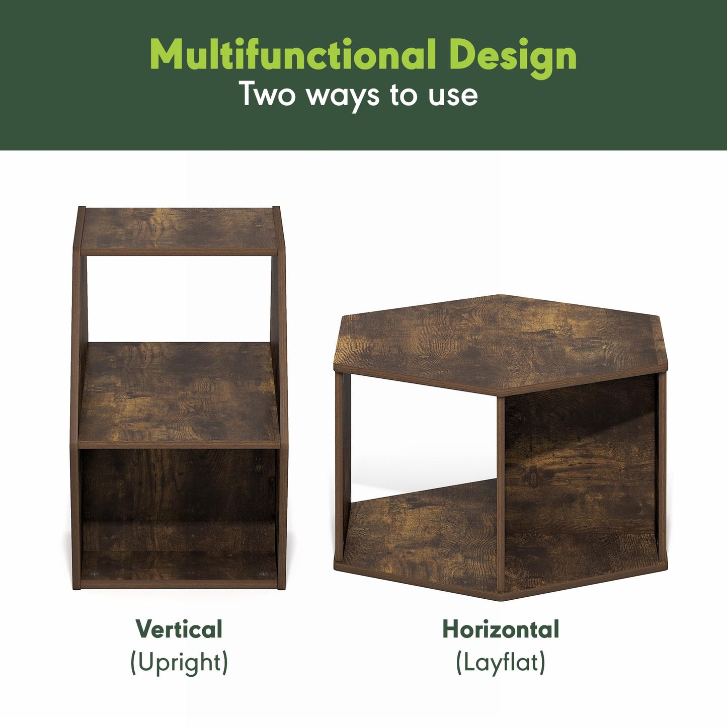 Furinno SIMPLE DESIGN Coffee Table, Hexagon Modern Coffee Table with Open Shelf, Vertical or Horizontal Side Table, for Living Room, Bedroom