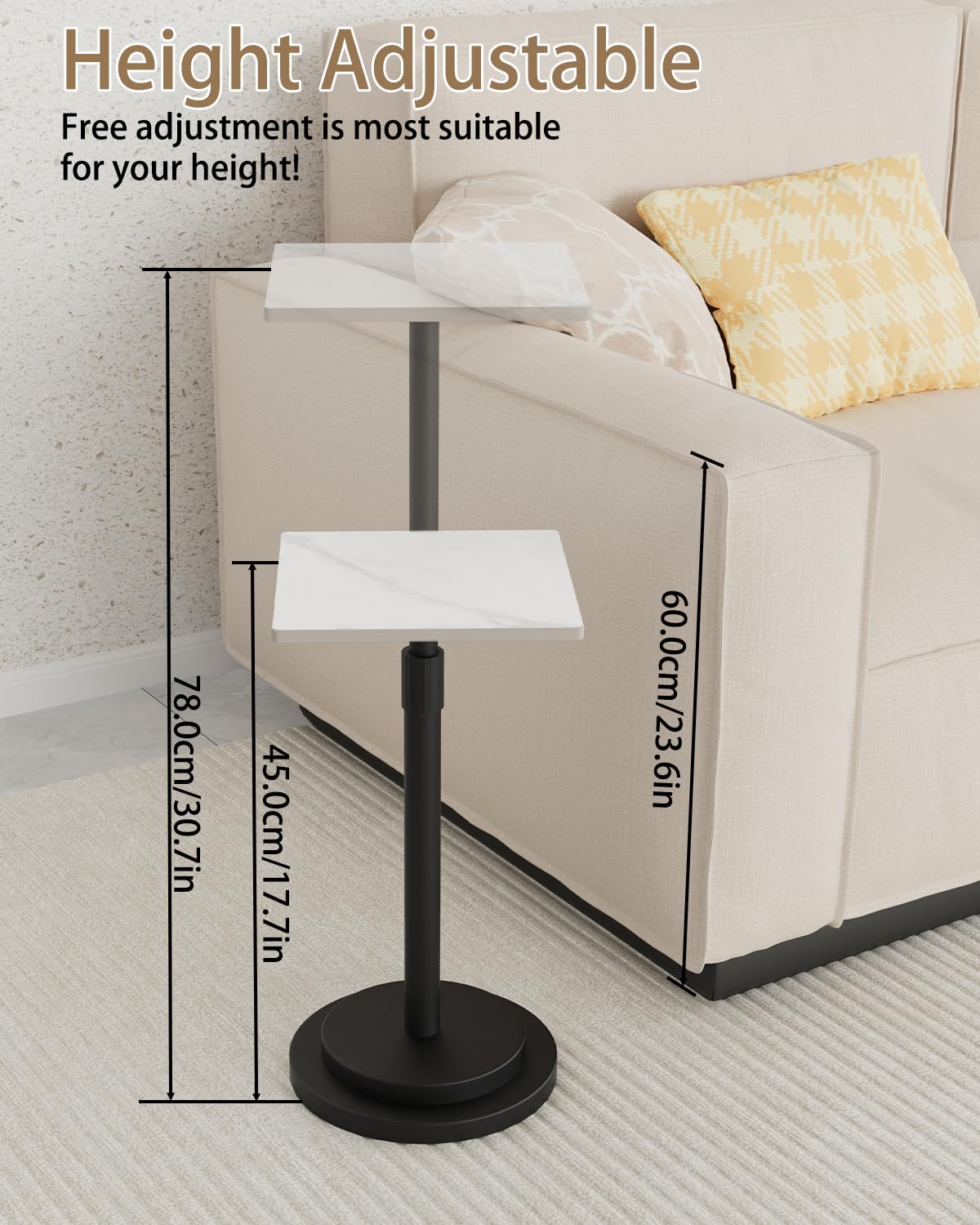 GUOHNHE Square Side Table, Height Adjustable Drink Stand, 1 Pack, White
