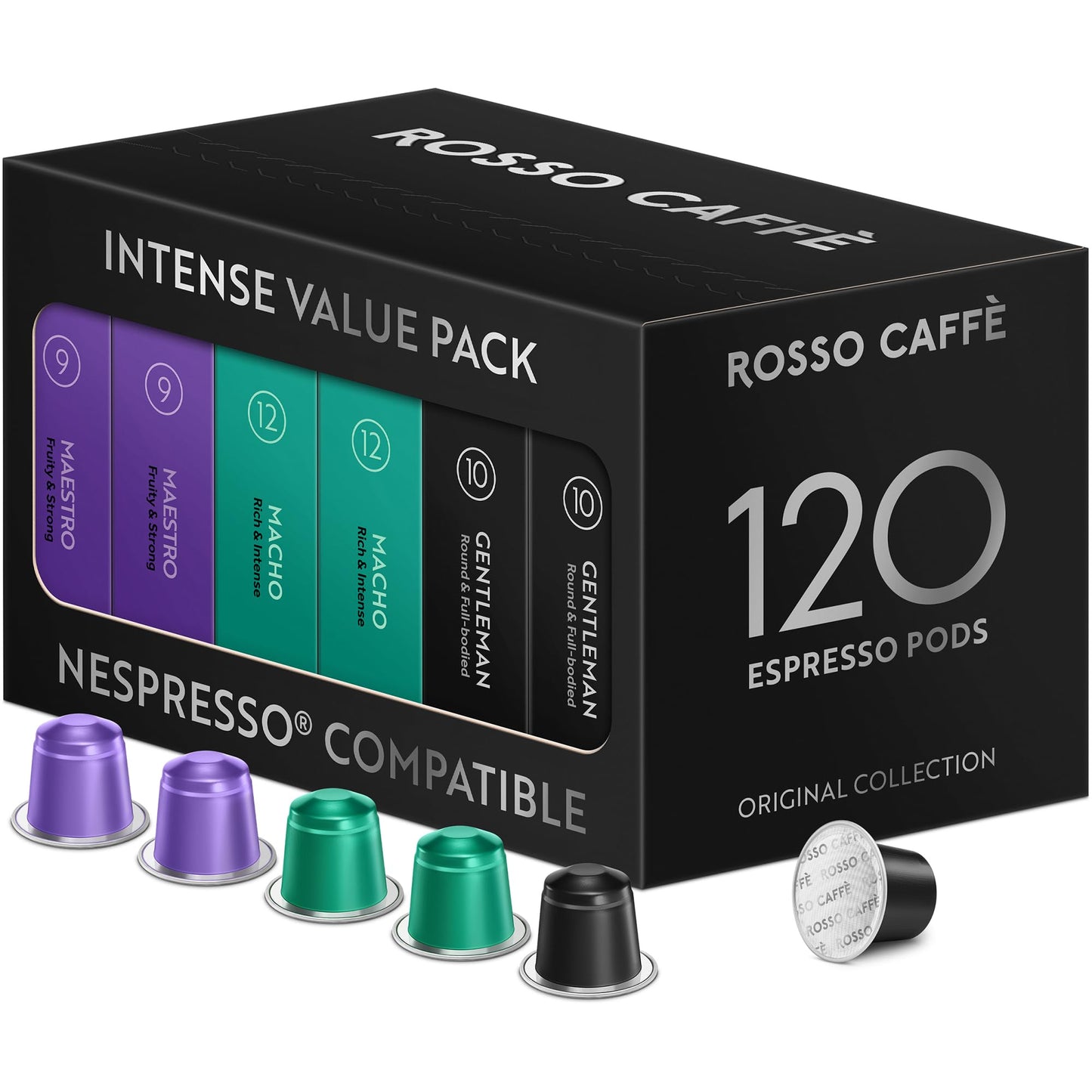 ROSSO CAFF? 120 Nespresso Machine Compatible Capsules, ?Extra Dark? Morning Coffee, 3 Premium Dark Roasts, Aluminium Coffee Pods, Compatible with