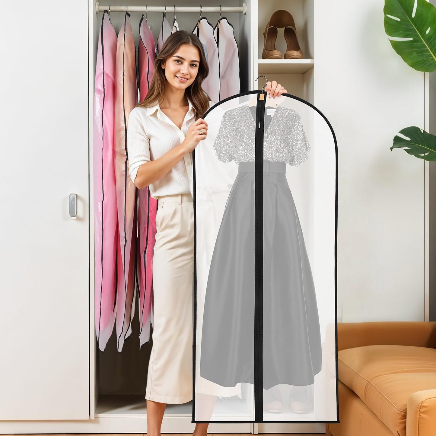 6 Pack Dress Bags Covers Long, 55in PEVA Garment Bags Suit Bags, Black Edge