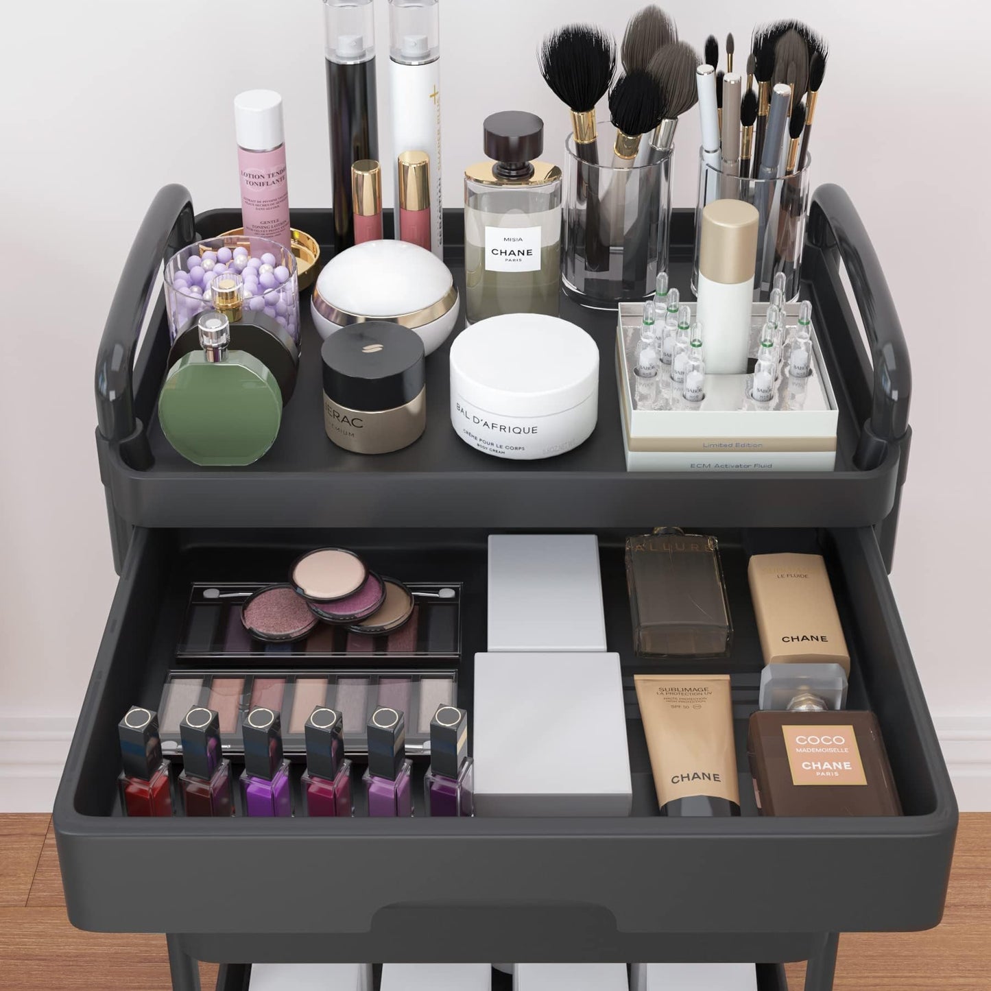 Wuciray Beauty Trolley on Wheels 4 Tier Storage Trolley with Drawer Plastic Beauty Trolleys Rolling Utility Cart Craft Trolleys on Wheels for Home